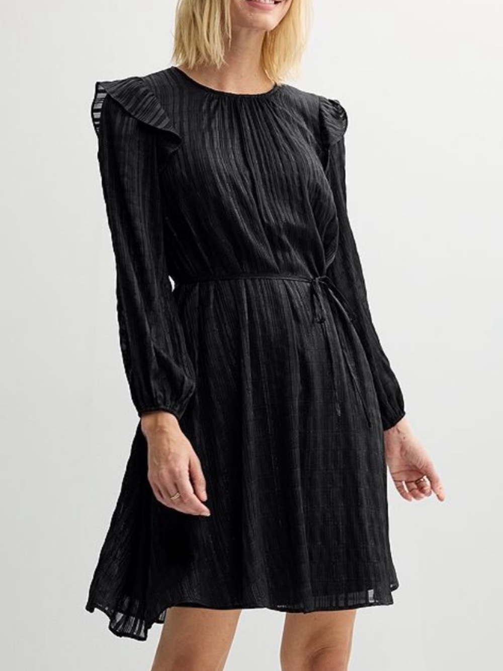 #09 Nine West Black Tie Sash Ruffle Lurex Chiffon Sleeve Mini Dress Size Medium